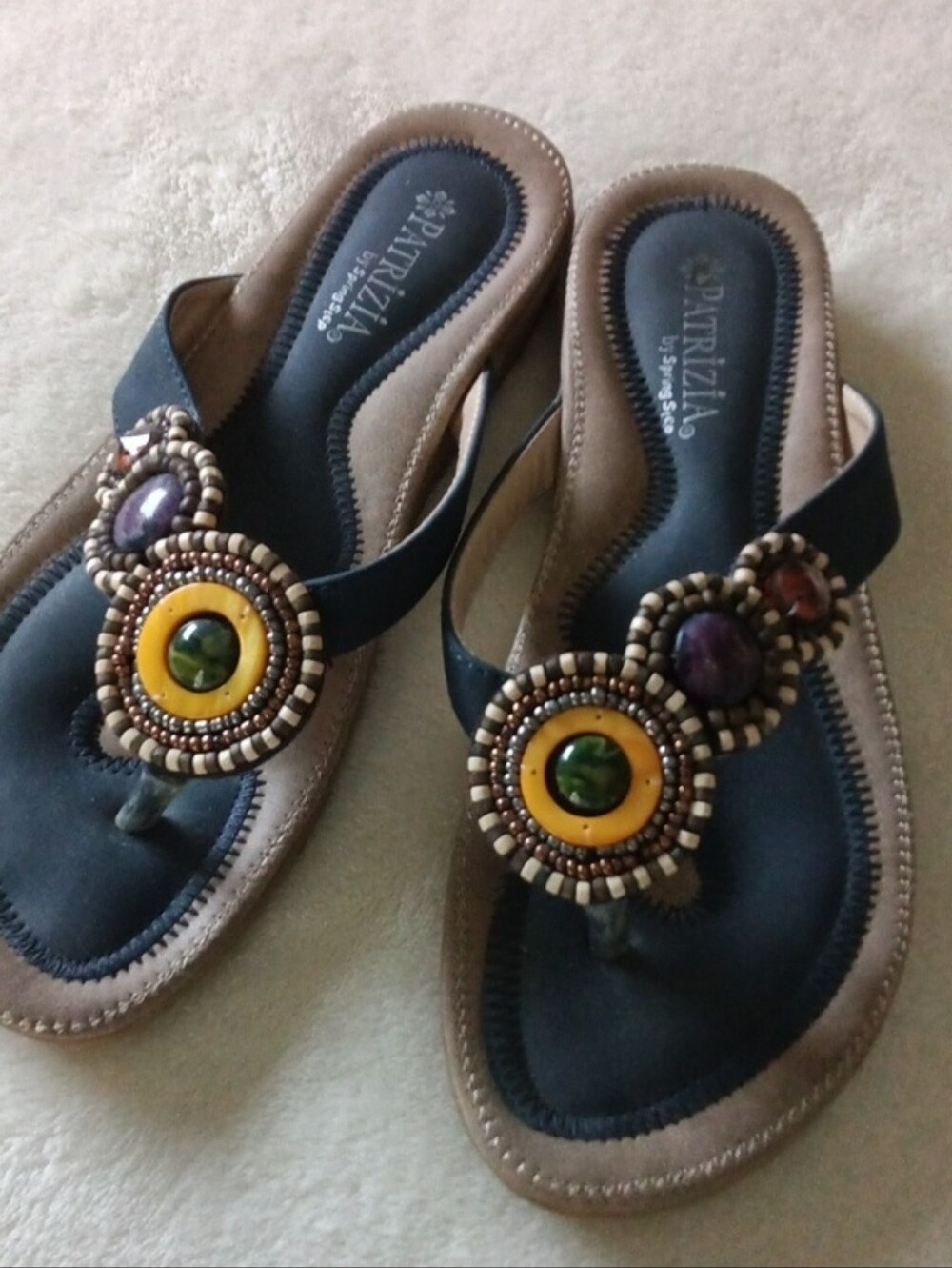 Women's Embellished Dark Blue and Brown Thong Sandals